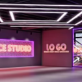 Modern Internet Cafe Interior With Neon Ceiling Lights Purple Lighting And Glass Door