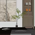 Dark Wood Coffee Table With Green Plant And Magazine On Gray Rug