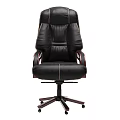Black Leather Office Chair with High Back Wooden Armrests and Five Wheel Base