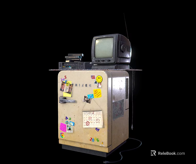Vintage CRT Television Placed on a Cabinet with Colorful Stickers and Decorations 3d model 