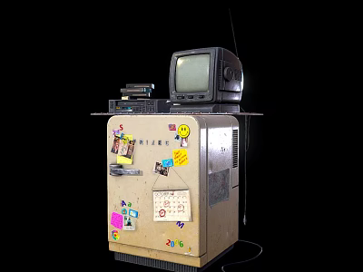 Vintage CRT Television Placed on a Cabinet with Colorful Stickers and Decorations 3d model