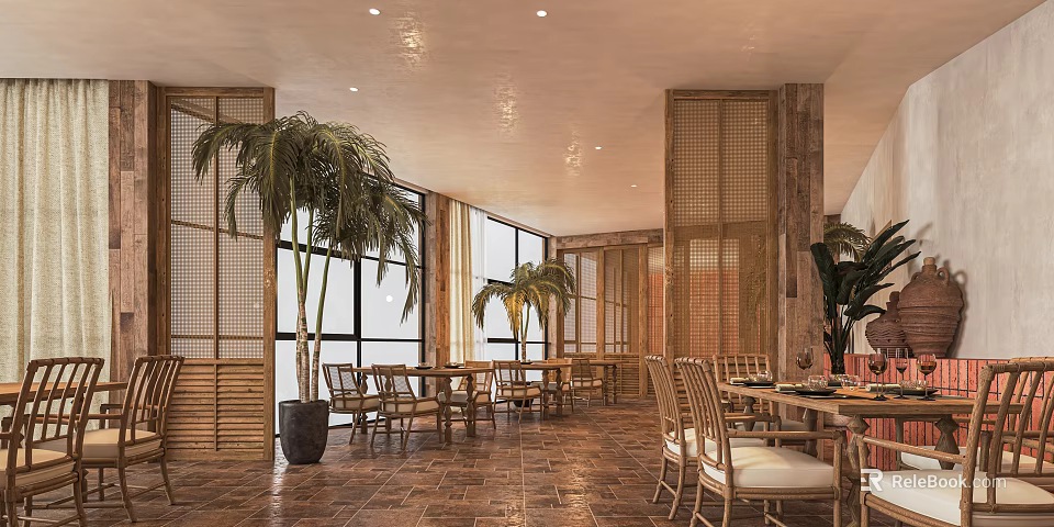 Modern Restaurant Interior Featuring Wooden Decor Palm Trees Large Windows And Cozy Dining Tables 3d model 