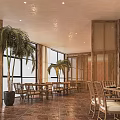 Modern Restaurant Interior Featuring Wooden Decor Palm Trees Large Windows And Cozy Dining Tables