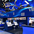 MiLine Blue Exhibition Booth With Multiple Zones Display Counters And Hanging Lights