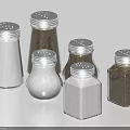 Ceramic Salt And Pepper Shakers Featuring Various Shapes Silver Lids And Transparent Dark Bodies