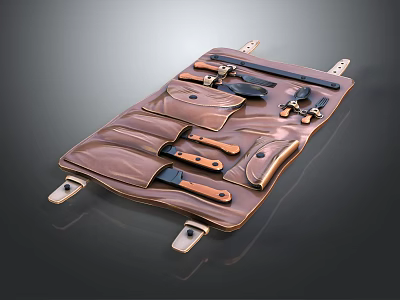 Leather Tool Bag With Multiple Pockets Holding Knives Wrenches Tools And Metal Buckles 3d model