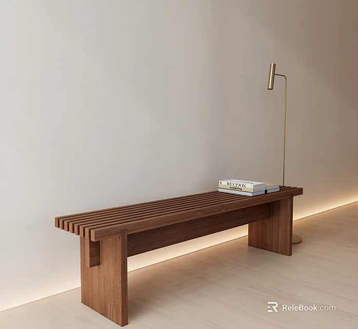Minimalist Wooden Bench With Books And Floor Lamp In Light Interior 3d model 