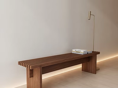 Minimalist Wooden Bench With Books And Floor Lamp In Light Interior 3d model