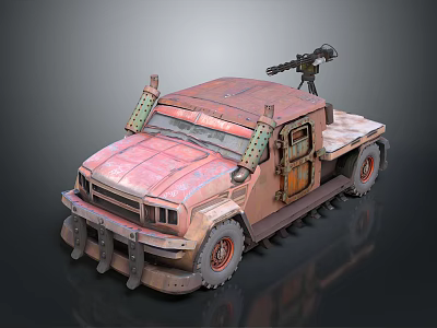 Post Apocalyptic Modified Truck With Rusty Exterior Mounted Gun And Front Guard 3d model