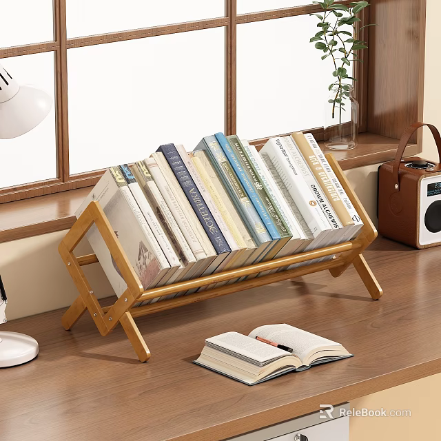 Wooden Book Rack With Stacked Books And Open Book In Home Study Room 3d model 