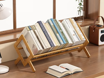 Wooden Book Rack With Stacked Books And Open Book In Home Study Room 3d model