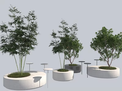 Circular Concrete Tree Planters With Green Trees And Small Tables In Outdoor Space 3d model