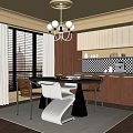 Elegant Modern Restaurant Interior With Chandelier Dining Table Chairs Window Curtains And Checkered Backsplash