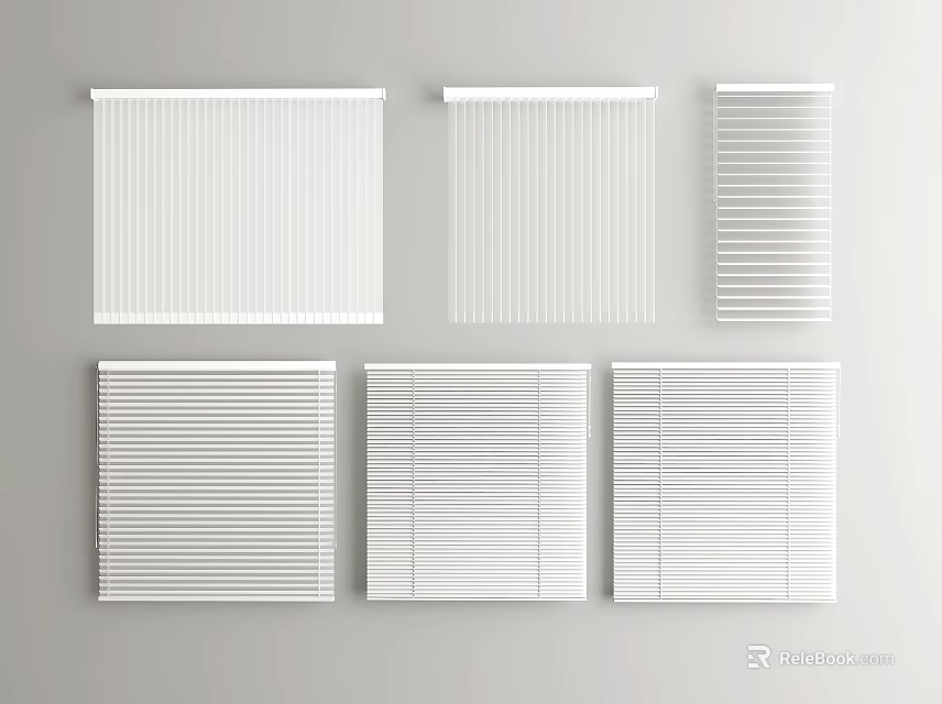 Minimalist White Window Blinds With Various Styles Displayed On Gray Background 3d model
