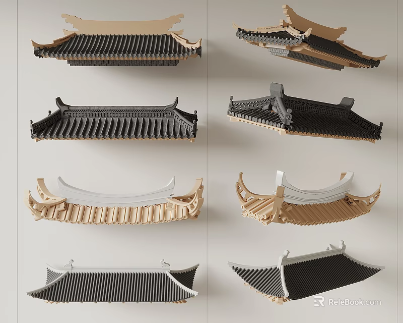 Traditional Chinese Architectural Roof Components in Various Styles and Colors 3d model 