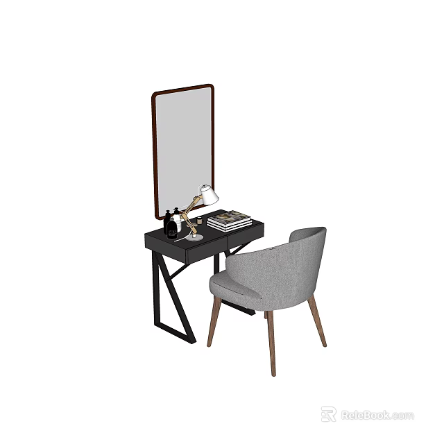 Dark Dressing Table With Mirror Table Lamp Gray Chair And Decorative Items 3d model 