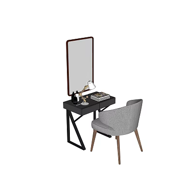 Dark Dressing Table With Mirror Table Lamp Gray Chair And Decorative Items 3d model