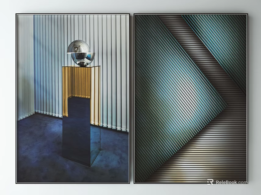 Two Decorative Art Paintings Featuring Silver Sphere Black Base and Geometric Stripes 3d model 