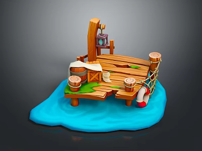 Tranquil Wooden Pier Scenery Over Blue Water With Barrels And Lifebuoy 3d model