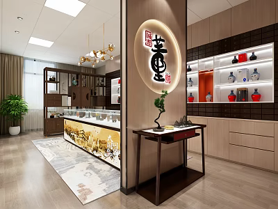 Traditional Chinese Style Tobacco And Wine Shop Interior With Display Cabinets Chandeliers And Green Plants 3d model