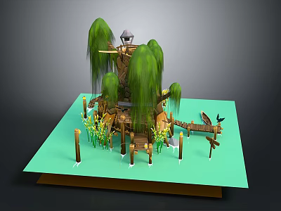 Cartoon Treehouse Scene With Willow Trees Wooden Bridge And Decorative Plants 3d model