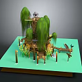 Cartoon Treehouse Scene With Willow Trees Wooden Bridge And Decorative Plants