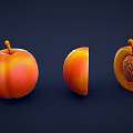 Fresh Whole Bitten And Sliced Peach With Visible Pit On Dark Background