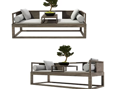 Chinese Style Wooden Daybed With Soft Cushions Small Table And Bonsai Tree Decoration 3d model