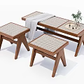 Modern Wooden Stools And Bench With Rattan Seat Gray Blanket And Potted Plant