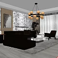Modern Living Room With Sofa And Coffee Table Set Chandelier Patterned Wall And Plants 3d model