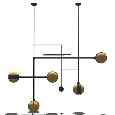 Modern Black Metal Chandelier with Geometric Structure and Gold Spherical Shades 3d model