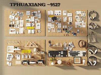 Organized Wooden Pegboard Wall With Photos Notes Decor Electronics And Small Plants 3d model