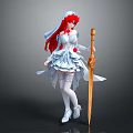 Magical Fantasy Female Character With Red Hair White Dress Golden Staff And White Headdress