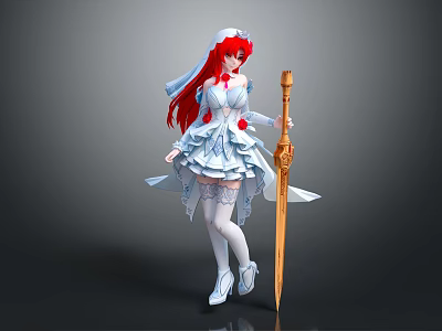 Magical Fantasy Female Character With Red Hair White Dress Golden Staff And White Headdress 3d model