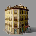 Yellow Corner Multi Story Building with Blue Doors Red White Striped Awning and Windows