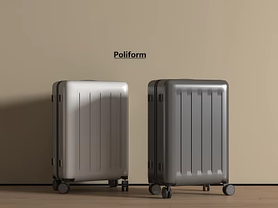 Poliform Modern Minimalist Silver And Gray Luggage With Wheels Against Beige Wall And Wooden Floor 3d model