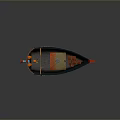 Colorful Small Water Transport Boat with Blue Hull Antenna Cargo Boxes and Decorative Details