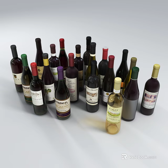 Assorted Wine Bottles with Different Labels and Colors Including Red and White Varieties 3d model