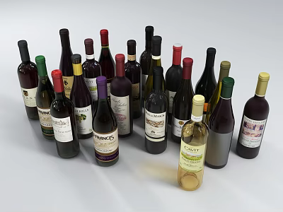 Assorted Wine Bottles with Different Labels and Colors Including Red and White Varieties 3d model