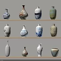 Ceramic Vases Arranged On Shelves With Various Colors Shapes And Patterns 3d model