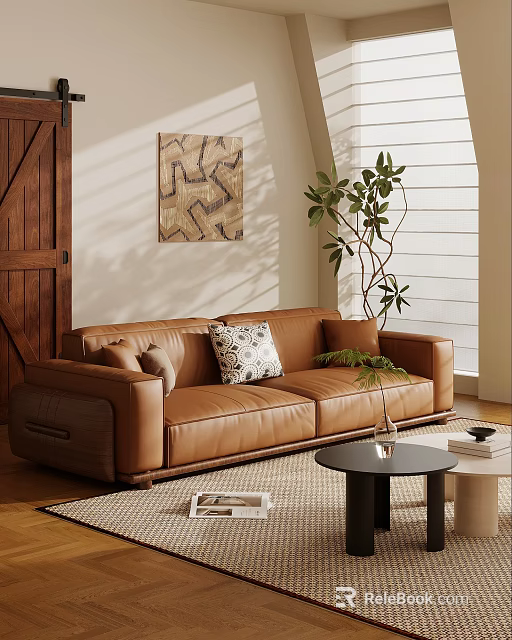 Brown Leather Multi Seater Sofa With Pillows Coffee Table Green Plant And Abstract Painting 3d model 