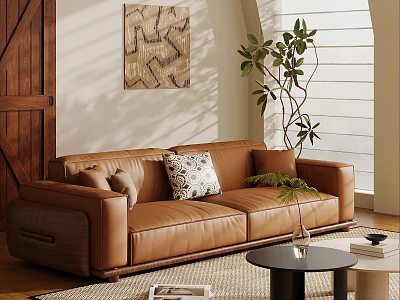 Brown Leather Multi Seater Sofa With Pillows Coffee Table Green Plant And Abstract Painting 3d model