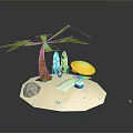 Tropical Beach Landscape With Palm Tree Surfboard Yellow Umbrella And Sand