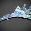 Military Fighter Jet With Camouflage Paint Yellow Circle Emblems And Number 86