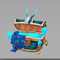 Household Decorative Orange Wooden Chest With Blue Flame Skull Glowing Interior And Blue Fabric Gems
