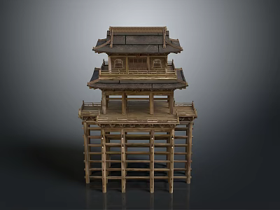 Traditional Ancient Wooden Tower Model With Multi Story Structure And Classic Roof Design 3d model