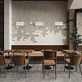 Modern Restaurant Interior With Wooden Tables Chairs Hanging Lights And Wall Decorations