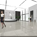 Modern Front Desk Reception Lobby with Chandelier Green Plants and Elevators