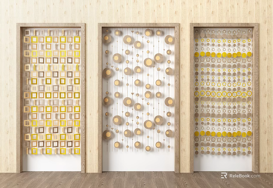 Three Decorative Doors With Different Yellow Beige Geometric Patterns Wooden Frames And Light Floor 3d model