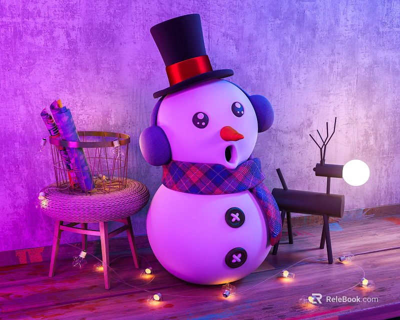 Cartoon Snowman Scene with Top Hat Purple Earmuffs Plaid Scarf Wicker Chair String Lights 3d model 